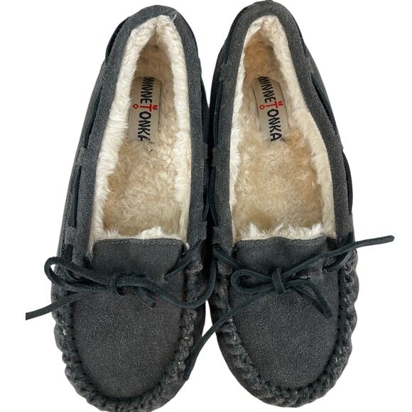 Minnetonka Leather Cally Moccasins Dark Gray Suede Plush Pile Lining Size 7 - Picture 4 of 6